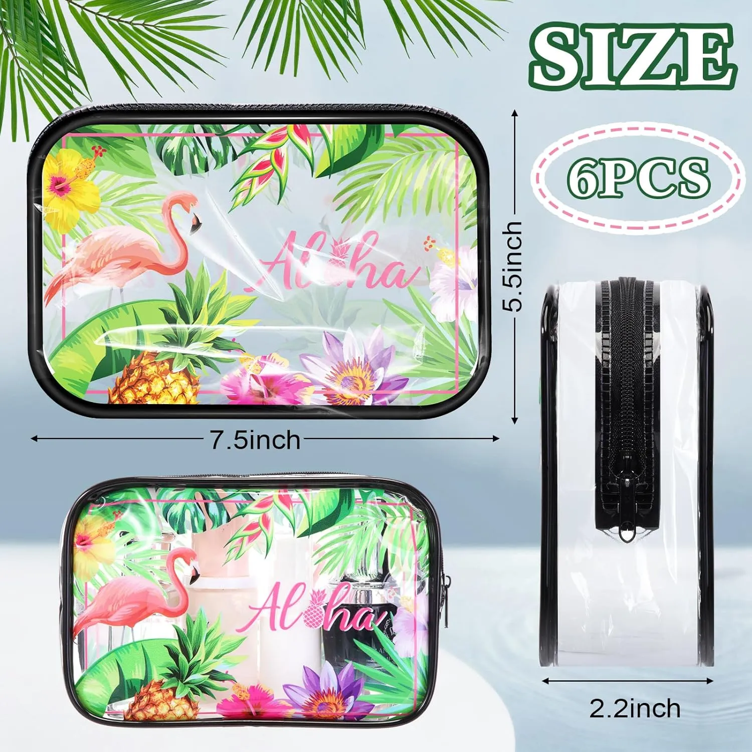 Capoda 6 Pcs Hawaiian Clear Toiletry Bags Transparent Aloha Cosmetic Bags Waterproof PVC Summer Beach Travel Snack Pouch for Men Women Business Bathroom Organizer, 6 Styles(Hawaii)