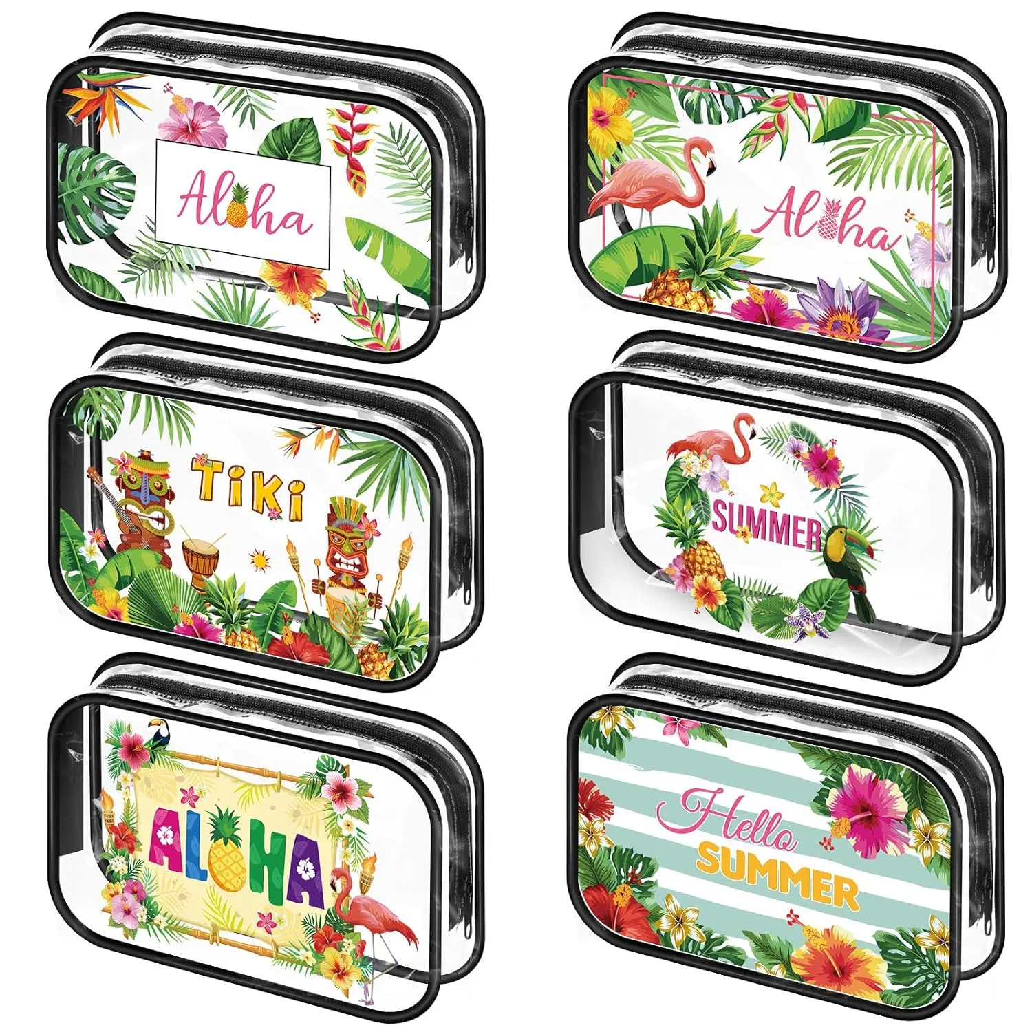 Capoda 6 Pcs Hawaiian Clear Toiletry Bags Transparent Aloha Cosmetic Bags Waterproof PVC Summer Beach Travel Snack Pouch for Men Women Business Bathroom Organizer, 6 Styles(Hawaii)