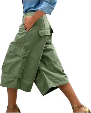 Capris Pants for Women Cargo Shorts Summer Casual with Pockets Outdoor Knee Length Hiking Elastic Pants