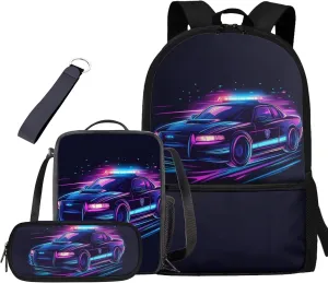 Car 17 Inch Backpack for Boys and Lunch Box Set Keychain Pencil Box Primary School Backpack for Kids Easy Care and Maintenance for Teens Students