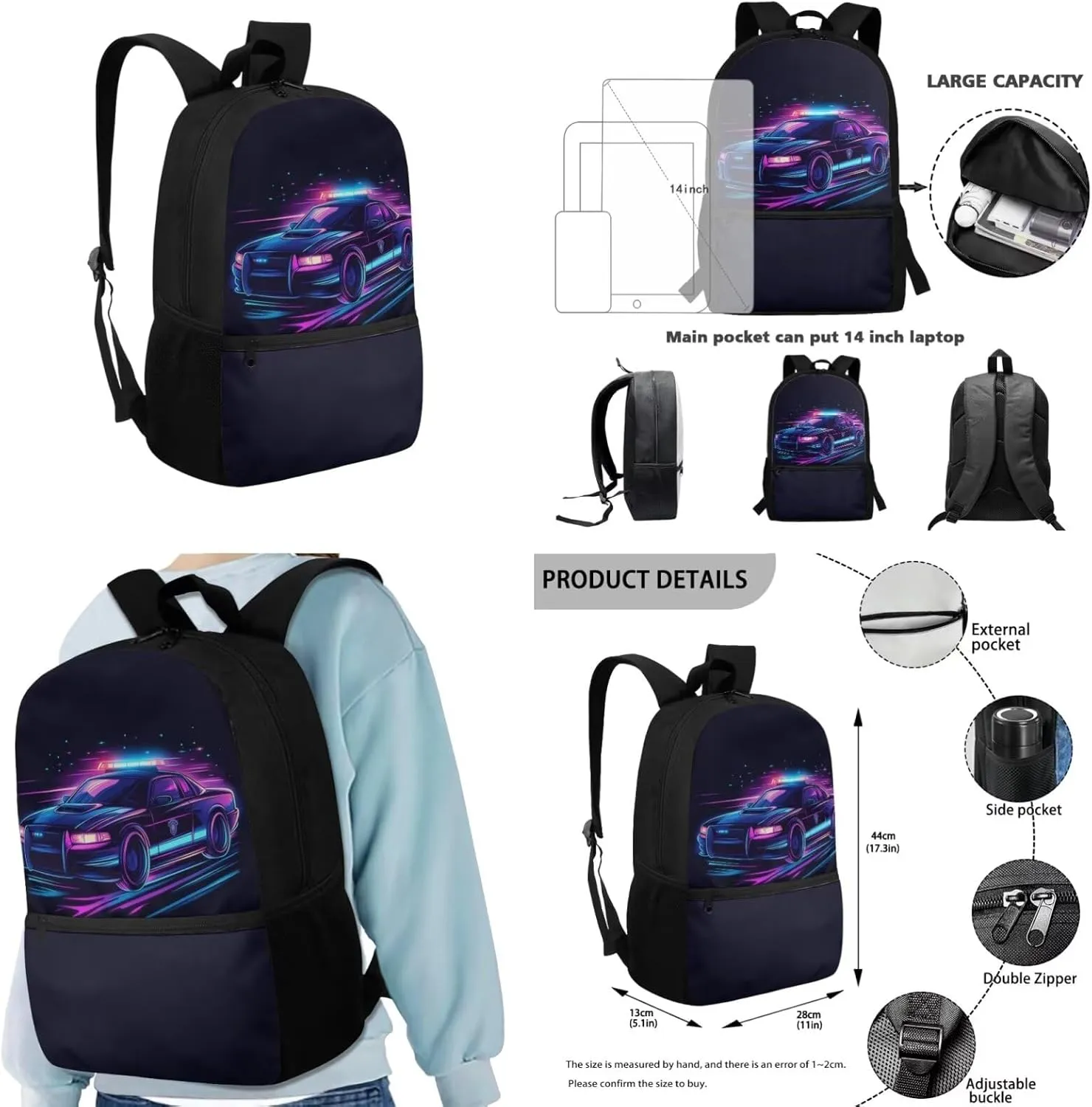 Car 17 Inch Backpack for Boys and Lunch Box Set Keychain Pencil Box Primary School Backpack for Kids Easy Care and Maintenance for Teens Students