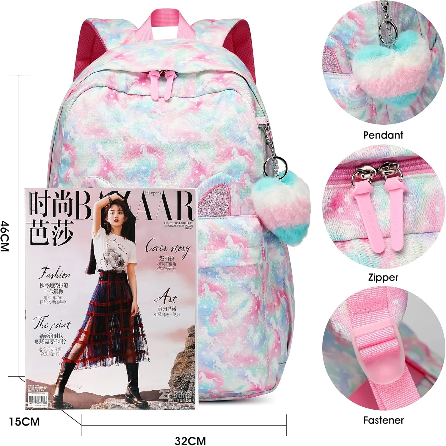 Caran·Y Kids Backpack for School-Lightweight Waterproof Large 30L Capacity Backpack with Gift Packaging Spacious Classic Design for Girls Ages 6-18(Pink & Green)