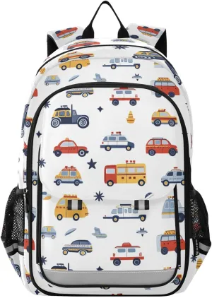 Cars Trucks Police Fire Engines Backpack for Boys Girls Elementary School Bag Kids Bookbag Travel Rucksack With Reflective Stripes
