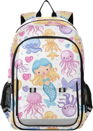 Cartoon Mermaids and Octopuses Backpack for Boys Girls Elementary School Bag Kids Bookbag Travel Rucksack With Reflective Stripes