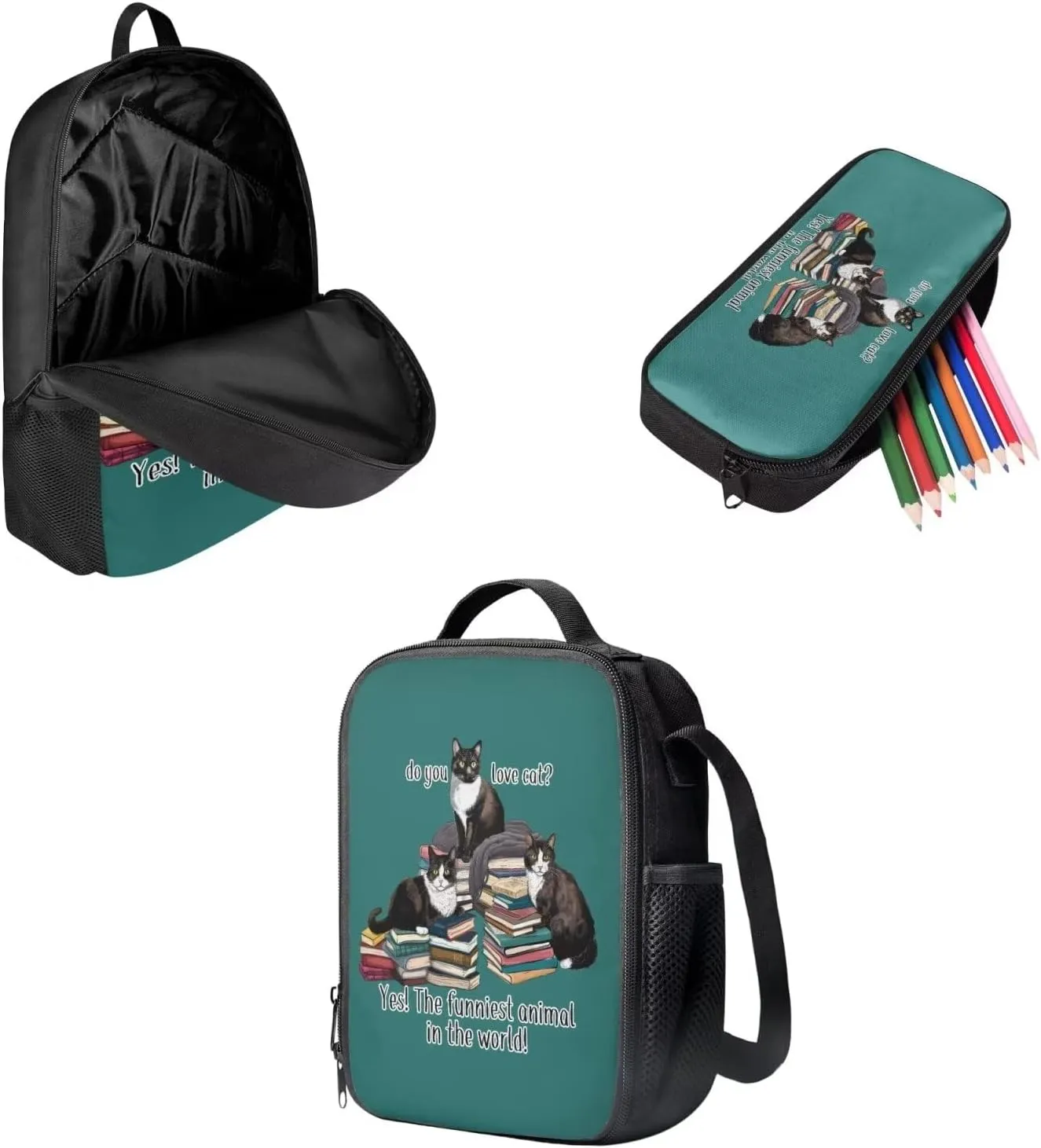 Cat Backpack with Lunch Box Purse Backpack for Students School Pencil Case Book bag Gift Giving Acceptable Picture Customization 3 Items