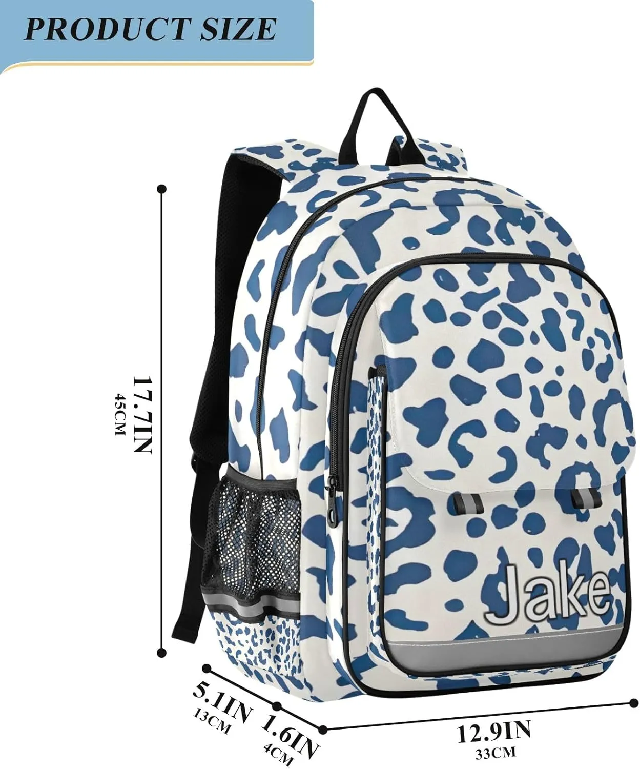 CHIFIGNO Personalized Kids Backpack Leopard Blue, Customized School Bag, Multi Pocket Reflective Trim