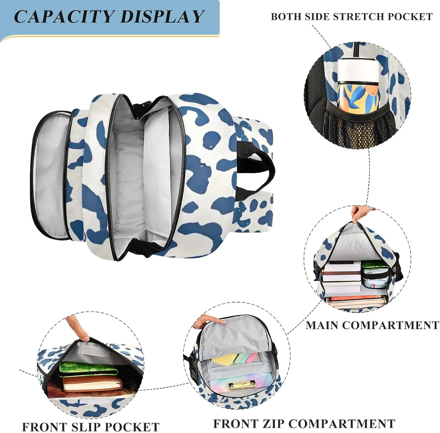 CHIFIGNO Personalized Kids Backpack Leopard Blue, Customized School Bag, Multi Pocket Reflective Trim