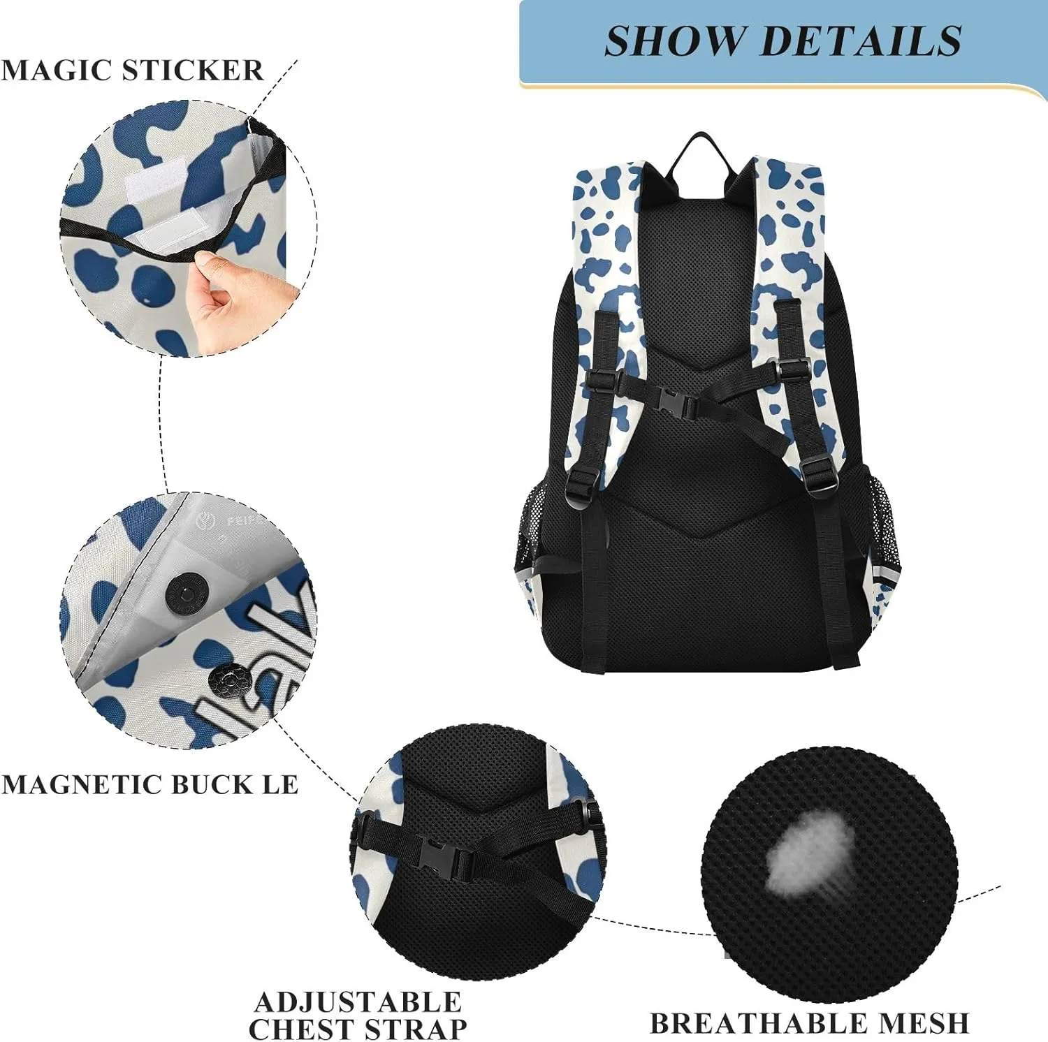 CHIFIGNO Personalized Kids Backpack Leopard Blue, Customized School Bag, Multi Pocket Reflective Trim