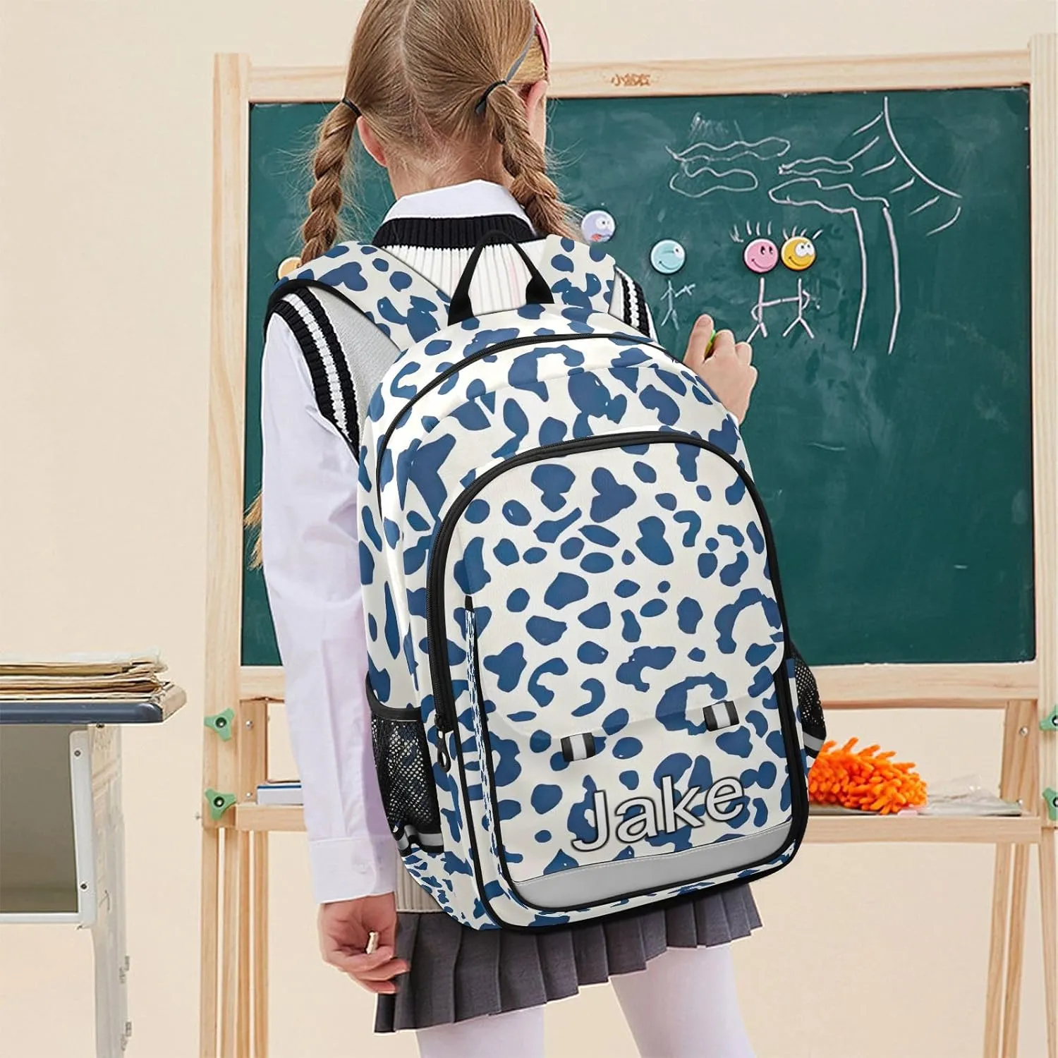 CHIFIGNO Personalized Kids Backpack Leopard Blue, Customized School Bag, Multi Pocket Reflective Trim
