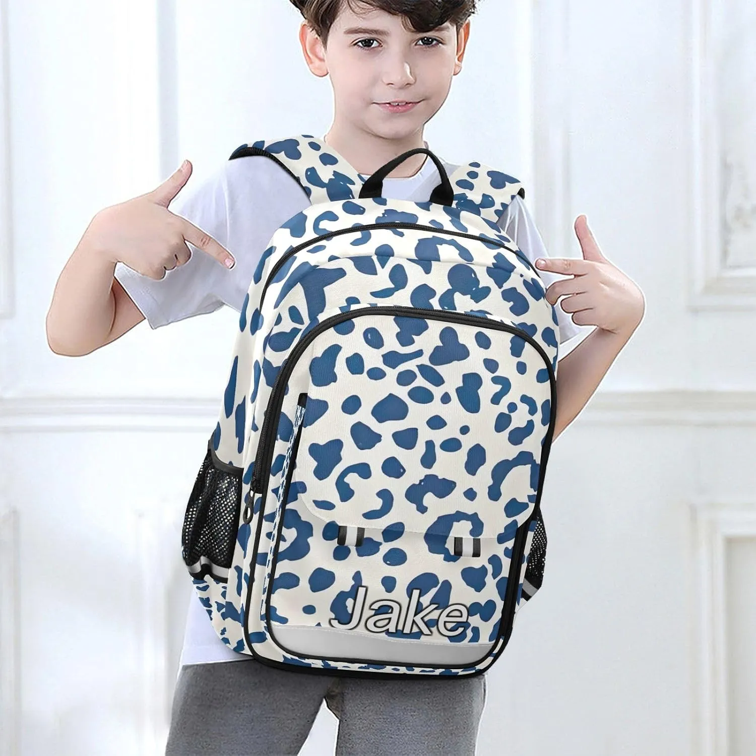 CHIFIGNO Personalized Kids Backpack Leopard Blue, Customized School Bag, Multi Pocket Reflective Trim