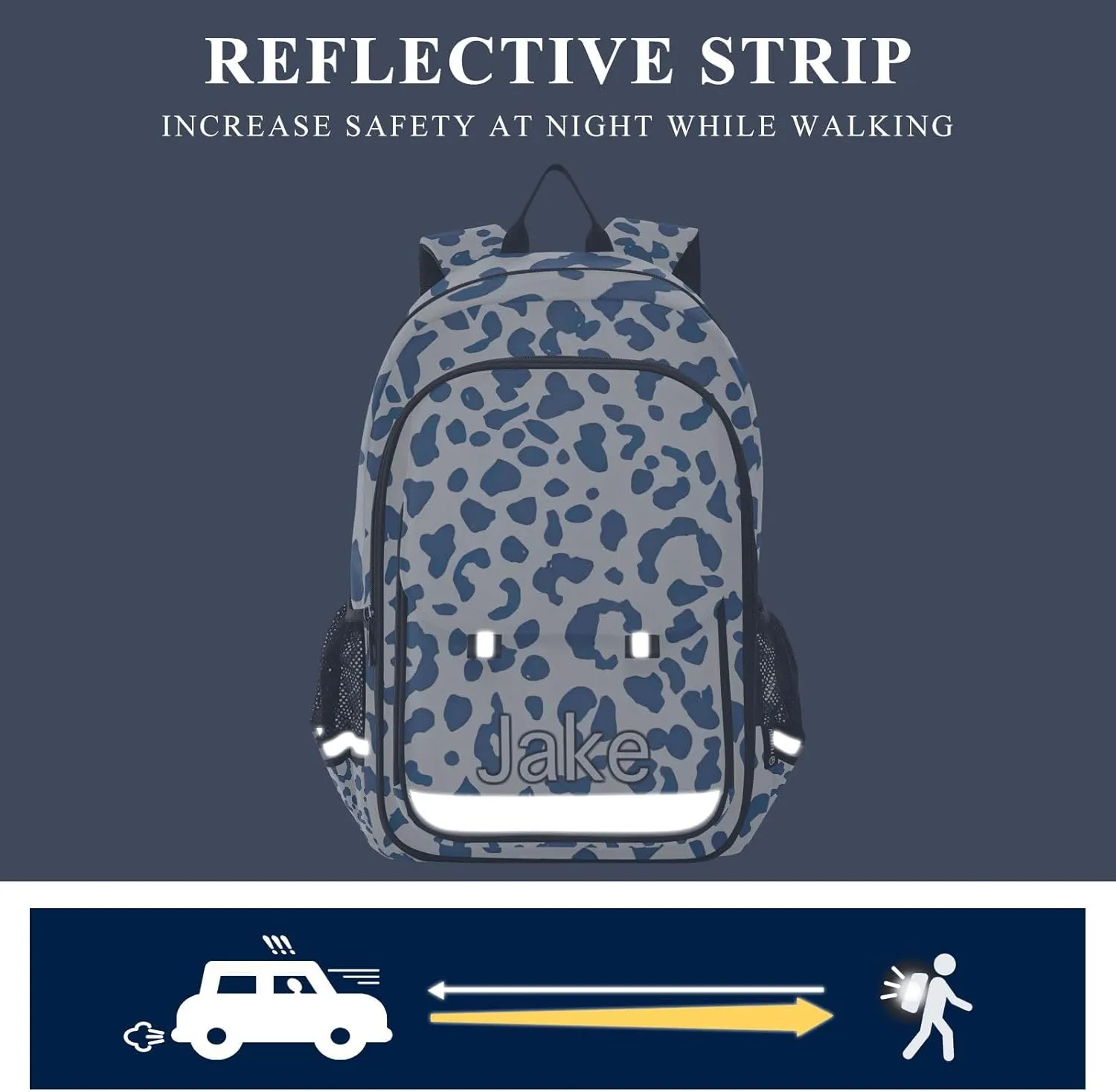 CHIFIGNO Personalized Kids Backpack Leopard Blue, Customized School Bag, Multi Pocket Reflective Trim