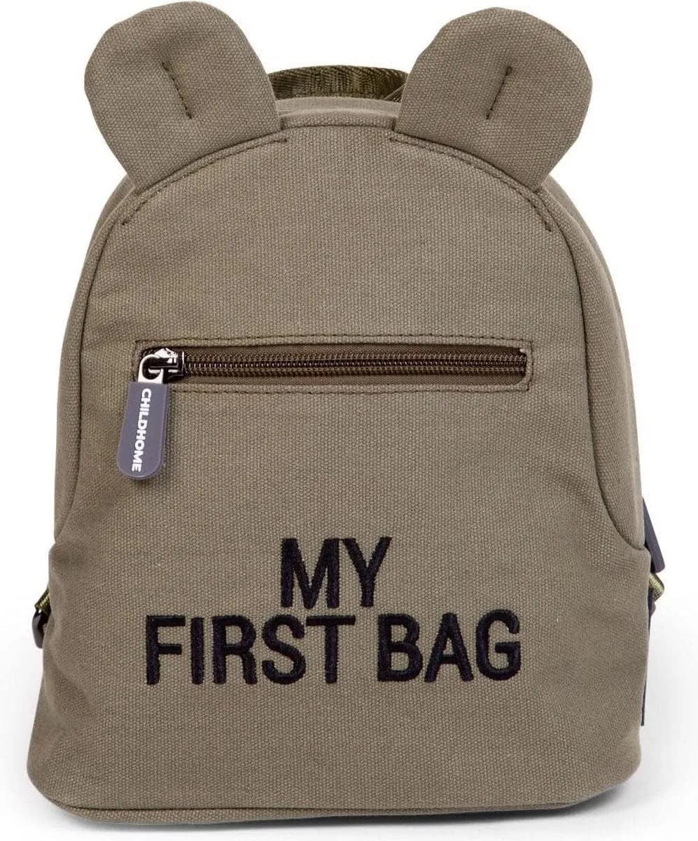 Childhome My First Bag, Cute Kids Backpack, Simple Modern Mini Bookbag for Toddler, Adjustable Straps & Easy Grip Zipper, Canvas Khaki