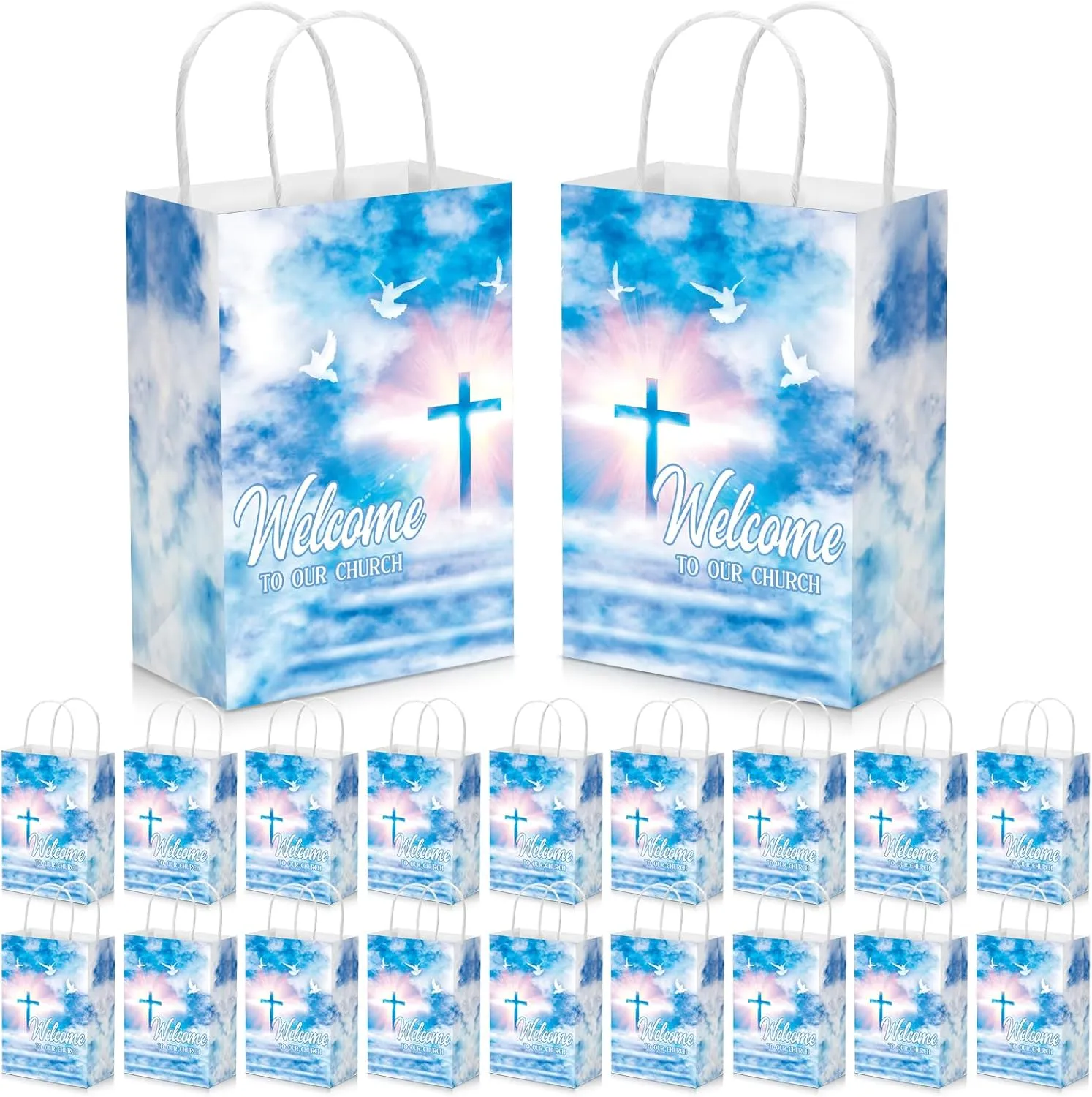 Chuangdi 50 Pcs Church Welcome Bags 5.91 x 3.15 x 8.27 Inches Religious Gift Welcome to Our Church Paper Bags with Handles for Hotel Birthday Bulk Baptism Guest Party Favor Supplies (Peace Doves)