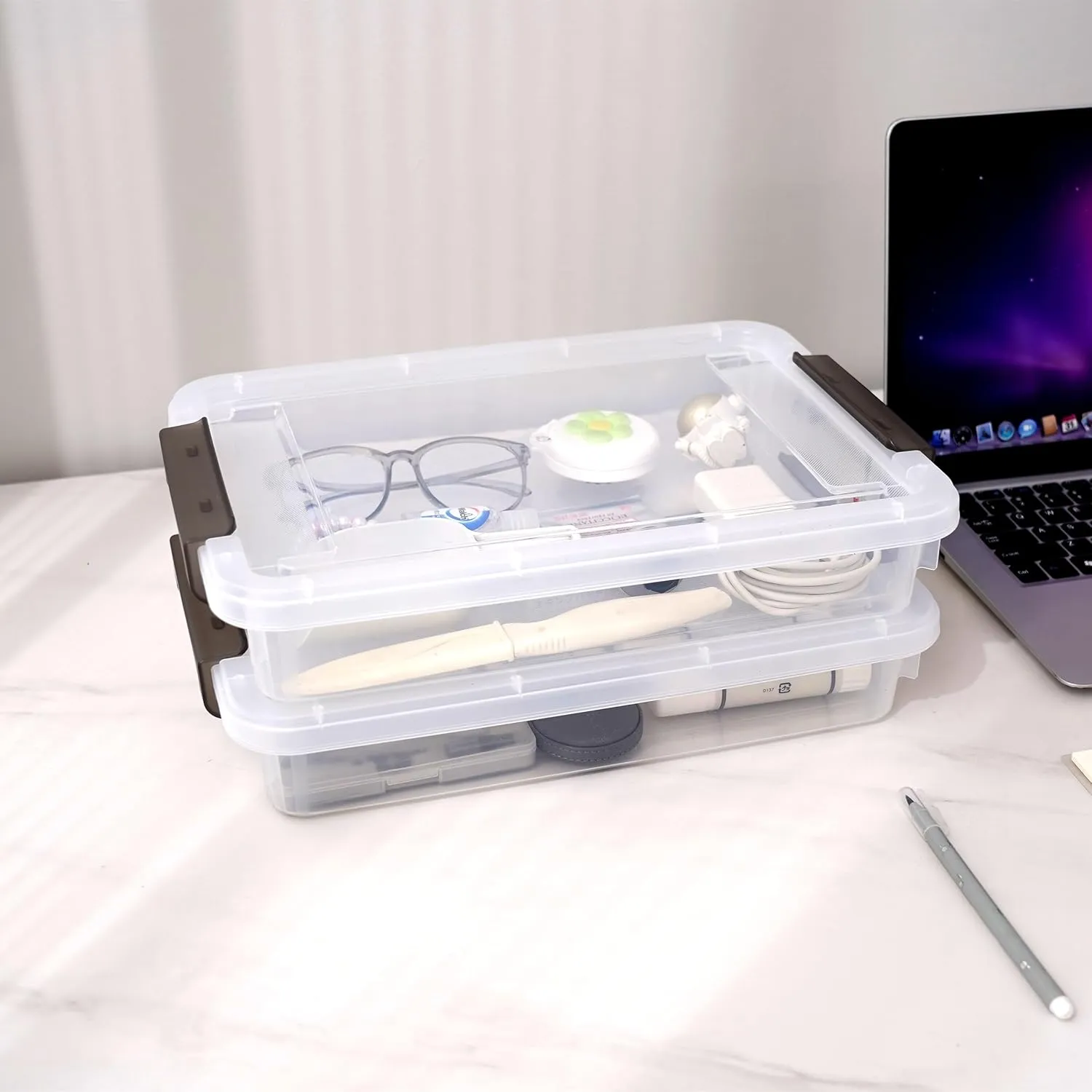 Citylife 6 PCS Clear Plastic Container Clip Box with Latching Lids, Stackable Document Paper Protectors Organizer Container for Office, Home, and School Supplies