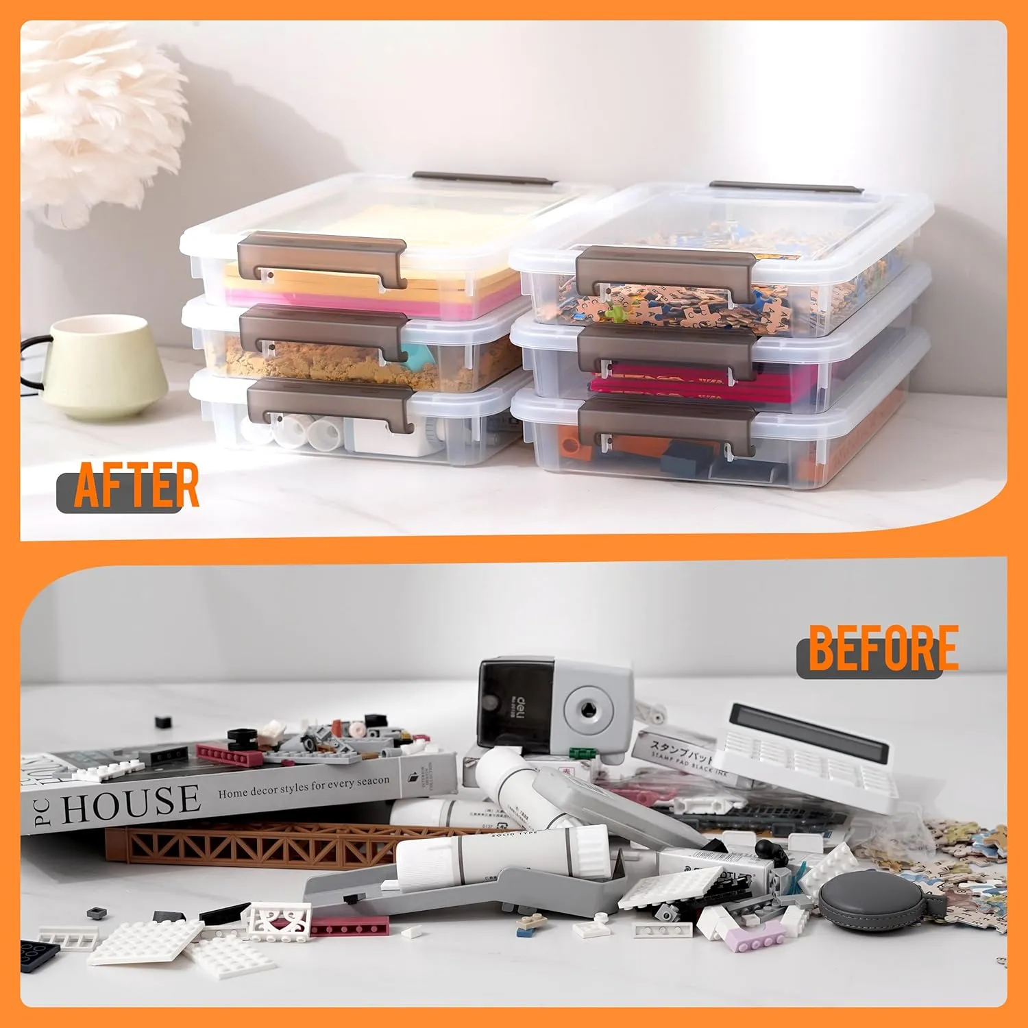 Citylife 6 PCS Clear Plastic Container Clip Box with Latching Lids, Stackable Document Paper Protectors Organizer Container for Office, Home, and School Supplies