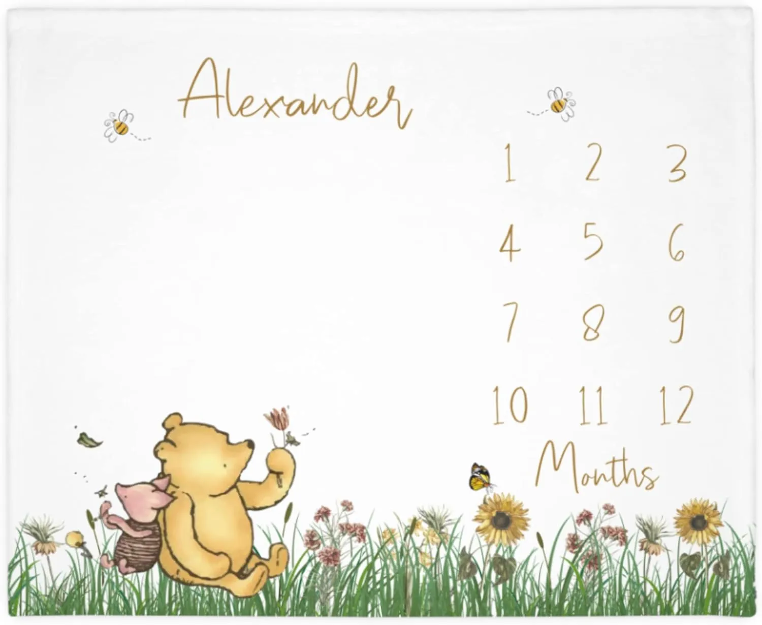 Classic Winnie Bear Baby Milestone Blanket Boy, Pooh Baby Month Blanket Girl, First Year Calendar Monthly Growth Chart, Personalized Name Newborn Photo Mat, Baby Boy Shower Gift (Various Sizes)
