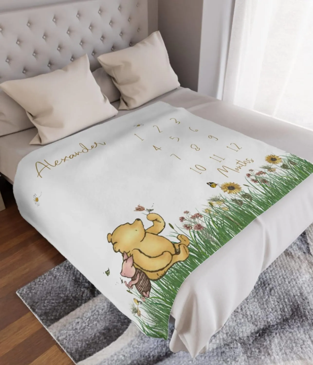 Classic Winnie Bear Baby Milestone Blanket Boy, Pooh Baby Month Blanket Girl, First Year Calendar Monthly Growth Chart, Personalized Name Newborn Photo Mat, Baby Boy Shower Gift (Various Sizes)