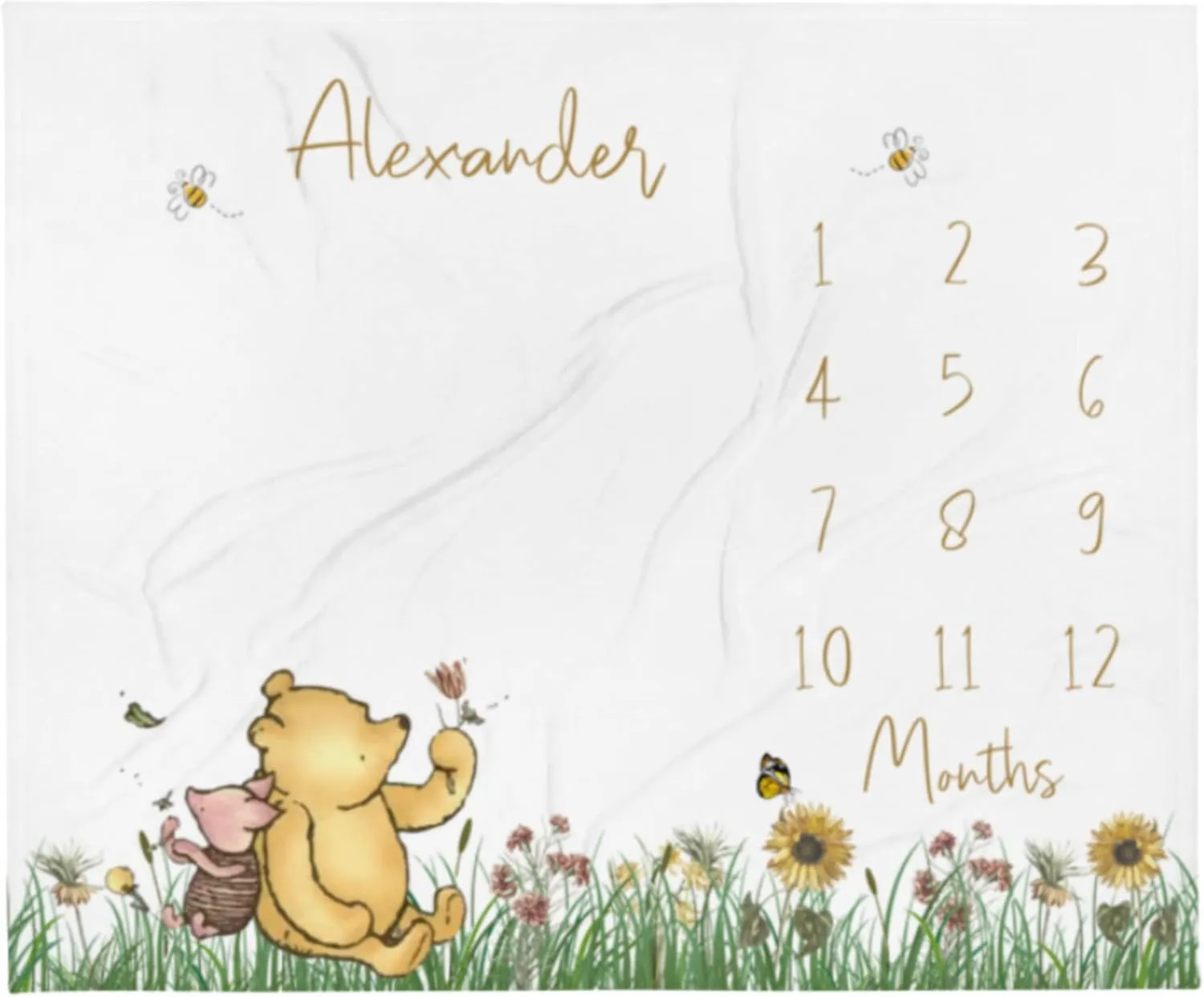 Classic Winnie Bear Baby Milestone Blanket Boy, Pooh Baby Month Blanket Girl, First Year Calendar Monthly Growth Chart, Personalized Name Newborn Photo Mat, Baby Boy Shower Gift (Various Sizes)