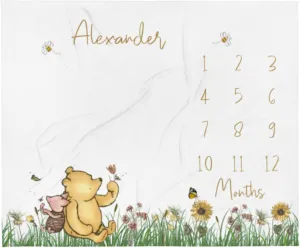 Classic Winnie Bear Baby Milestone Blanket Boy, Pooh Baby Month Blanket Girl, First Year Calendar Monthly Growth Chart, Personalized Name Newborn Photo Mat, Baby Boy Shower Gift (Various Sizes)