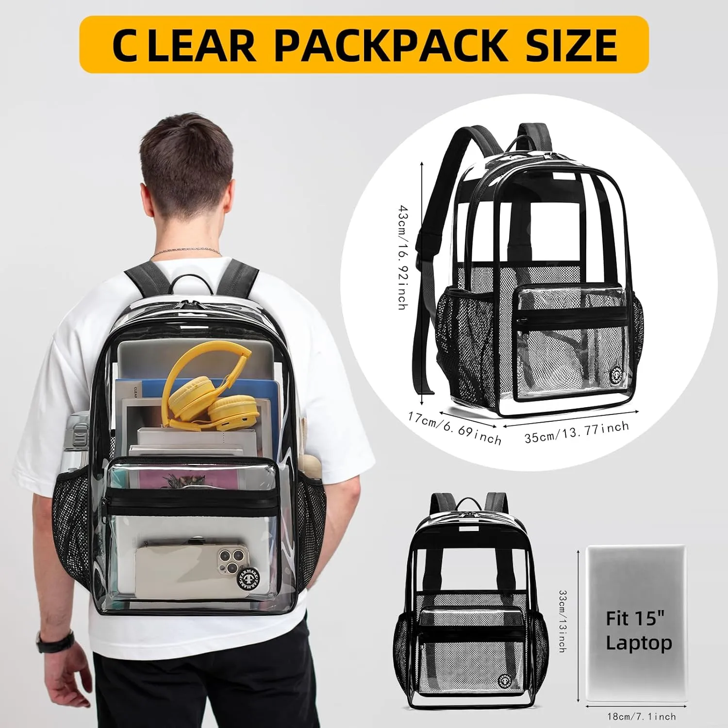 Clear Backpack Durable PVC Clear Backpack, Heavy Duty Transparent School Bag with Reinforced Straps and Large Capacity for College Workplace Safety - Black
