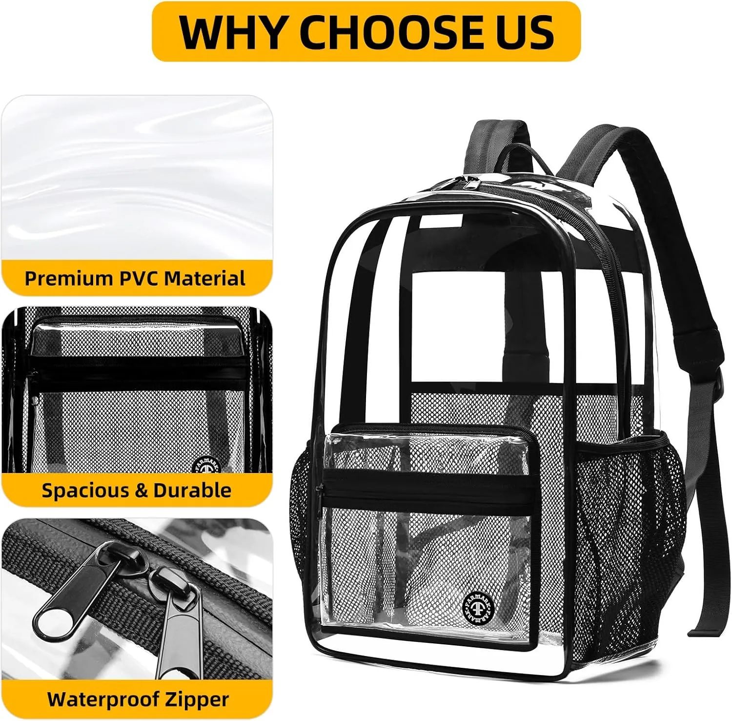 Clear Backpack Durable PVC Clear Backpack, Heavy Duty Transparent School Bag with Reinforced Straps and Large Capacity for College Workplace Safety - Black