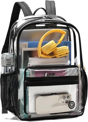 Clear Backpack Durable PVC Clear Backpack, Heavy Duty Transparent School Bag with Reinforced Straps and Large Capacity for College Workplace Safety - Black