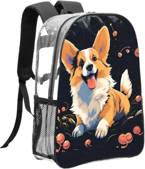 Clear Backpack Heavy Duty PVC Transparent Bookbag Corgi dog on dark background Backpack Daypack Laptop Backpack
