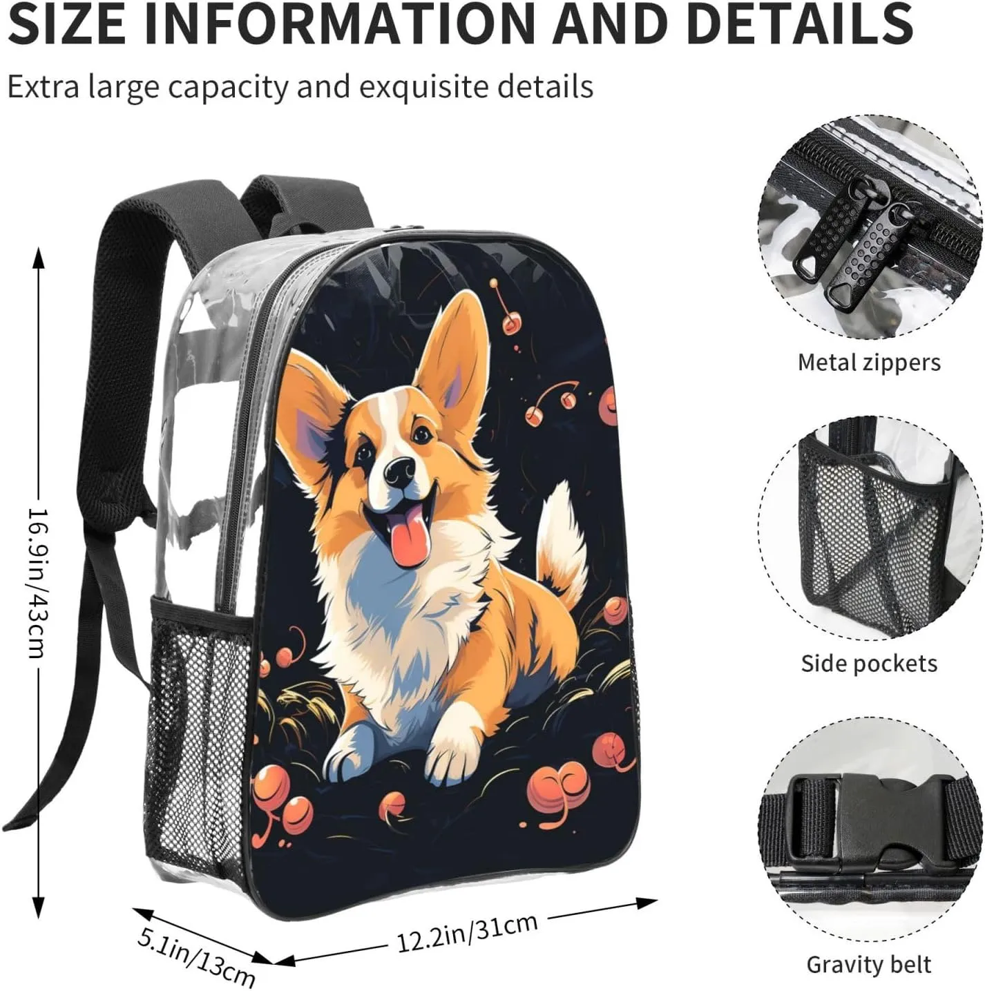 Clear Backpack Heavy Duty PVC Transparent Bookbag Corgi dog on dark background Backpack Daypack Laptop Backpack