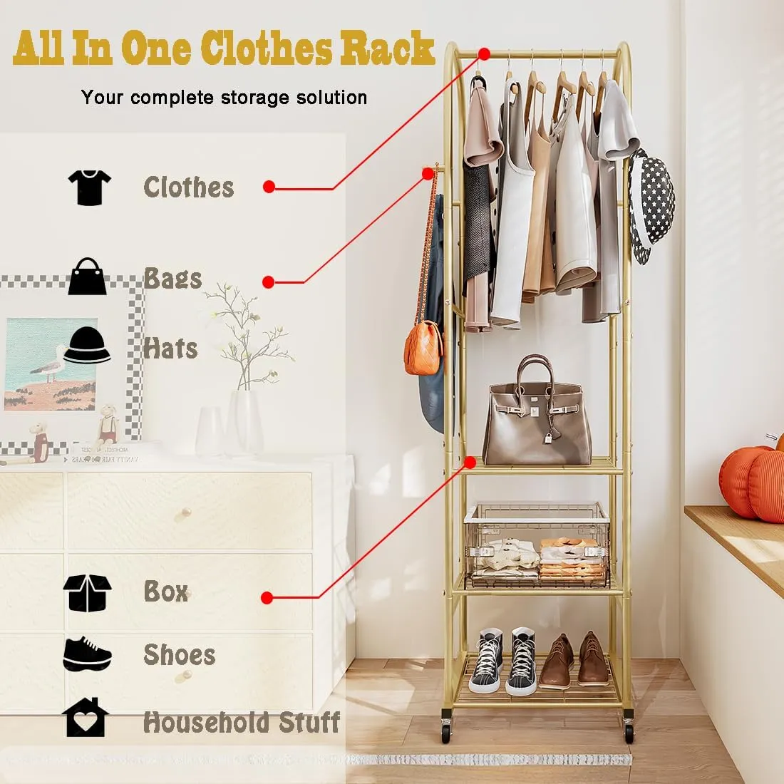 Clothes Rack With Wheels and 3-Tier Metal Shelves,Clothing Rack For Hanging Clothes With 4 Hooks,Garment Rack Wardrobe Organizer for Small Space,Black (gold, 16.54 * 18.23 * 72.05)