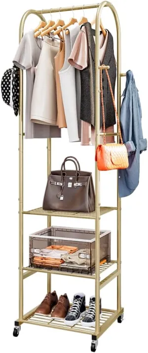 Clothes Rack With Wheels and 3-Tier Metal Shelves,Clothing Rack For Hanging Clothes With 4 Hooks,Garment Rack Wardrobe Organizer for Small Space,Black (gold, 16.54 * 18.23 * 72.05)