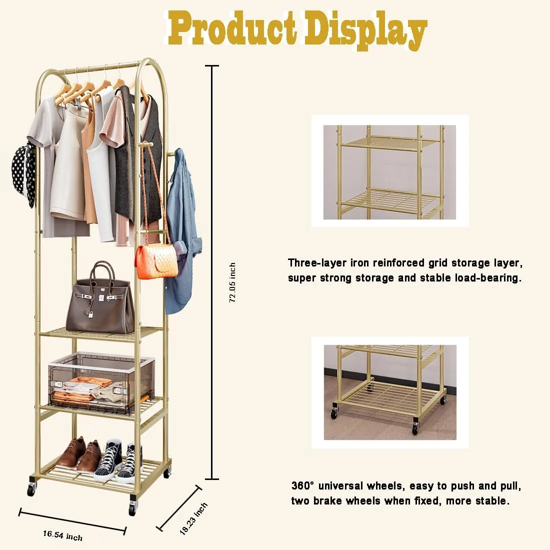 Clothes Rack With Wheels and 3-Tier Metal Shelves,Clothing Rack For Hanging Clothes With 4 Hooks,Garment Rack Wardrobe Organizer for Small Space,Black (gold, 16.54 * 18.23 * 72.05)