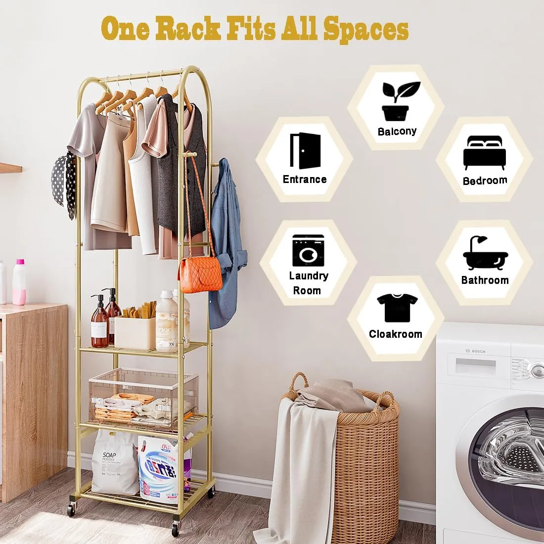 Clothes Rack With Wheels and 3-Tier Metal Shelves,Clothing Rack For Hanging Clothes With 4 Hooks,Garment Rack Wardrobe Organizer for Small Space,Black (gold, 16.54 * 18.23 * 72.05)
