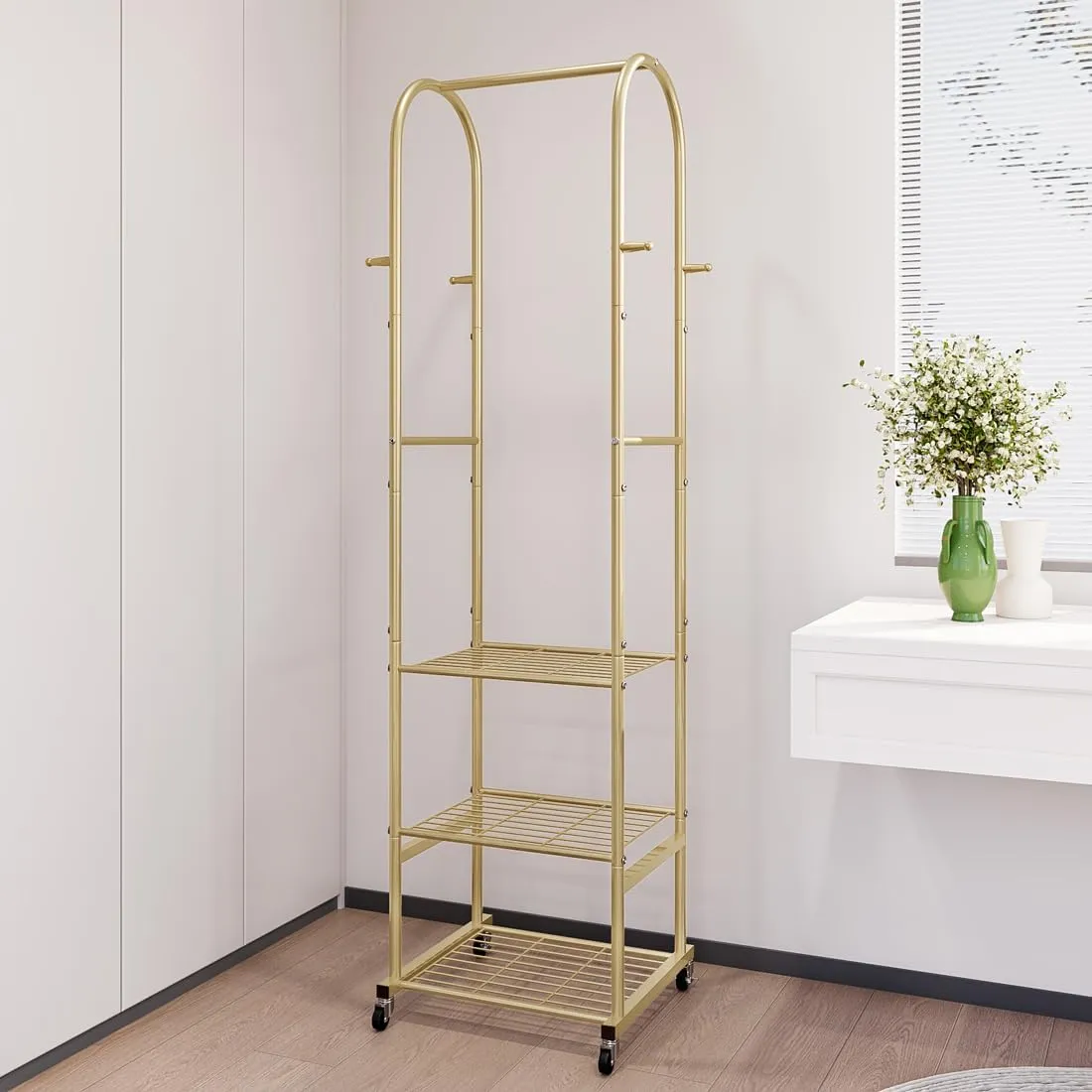 Clothes Rack With Wheels and 3-Tier Metal Shelves,Clothing Rack For Hanging Clothes With 4 Hooks,Garment Rack Wardrobe Organizer for Small Space,Black (gold, 16.54 * 18.23 * 72.05)