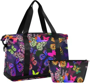 Colorful Butterflies Seamless on Black Dark Gym Duffel Bag, Polyester Travel Weekender Luggage Handbag with Waterproof Pocket for Wet Items, Unisex Foldable Tote for Sports