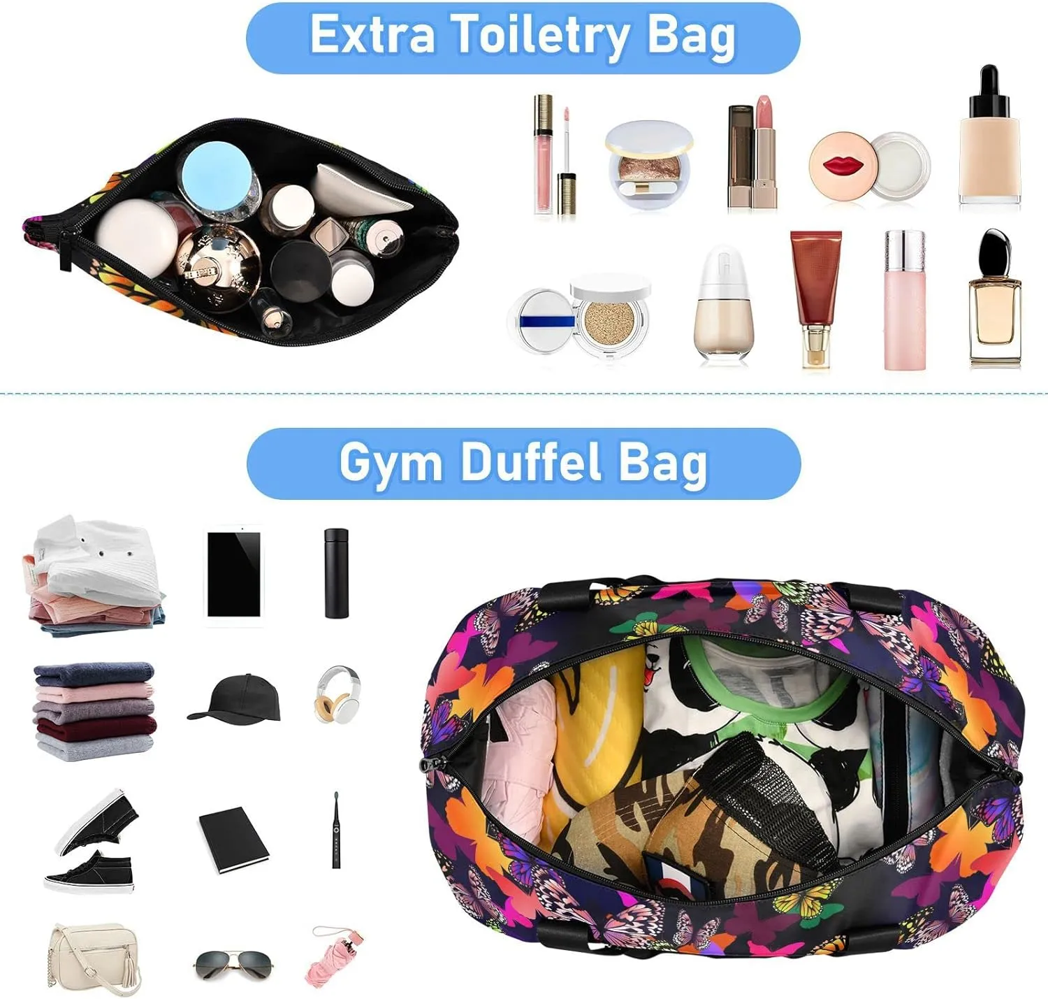 Colorful Butterflies Seamless on Black Dark Gym Duffel Bag, Polyester Travel Weekender Luggage Handbag with Waterproof Pocket for Wet Items, Unisex Foldable Tote for Sports