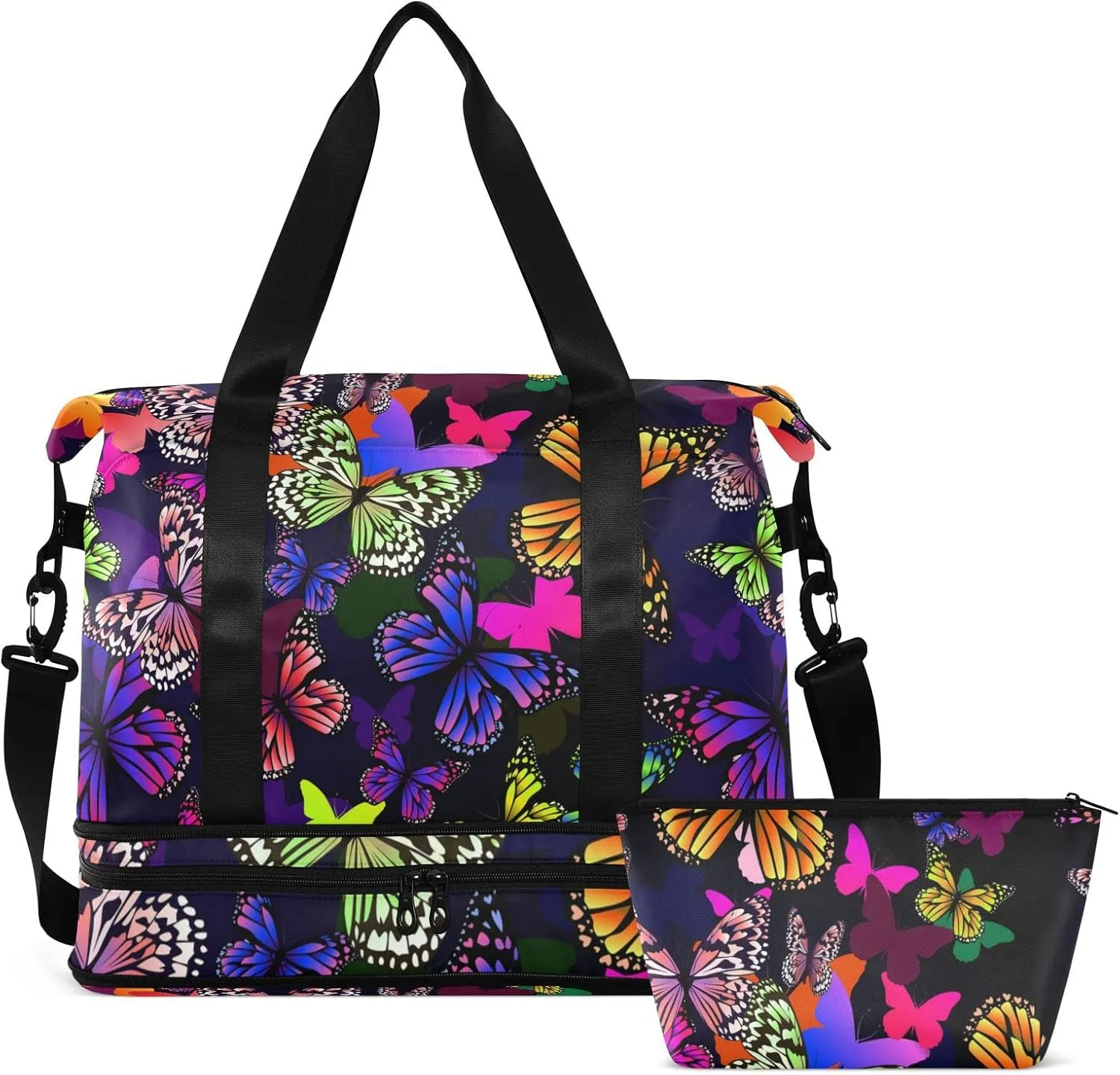 Colorful Butterflies Seamless on Black Dark Gym Duffel Bag, Polyester Travel Weekender Luggage Handbag with Waterproof Pocket for Wet Items, Unisex Foldable Tote for Sports