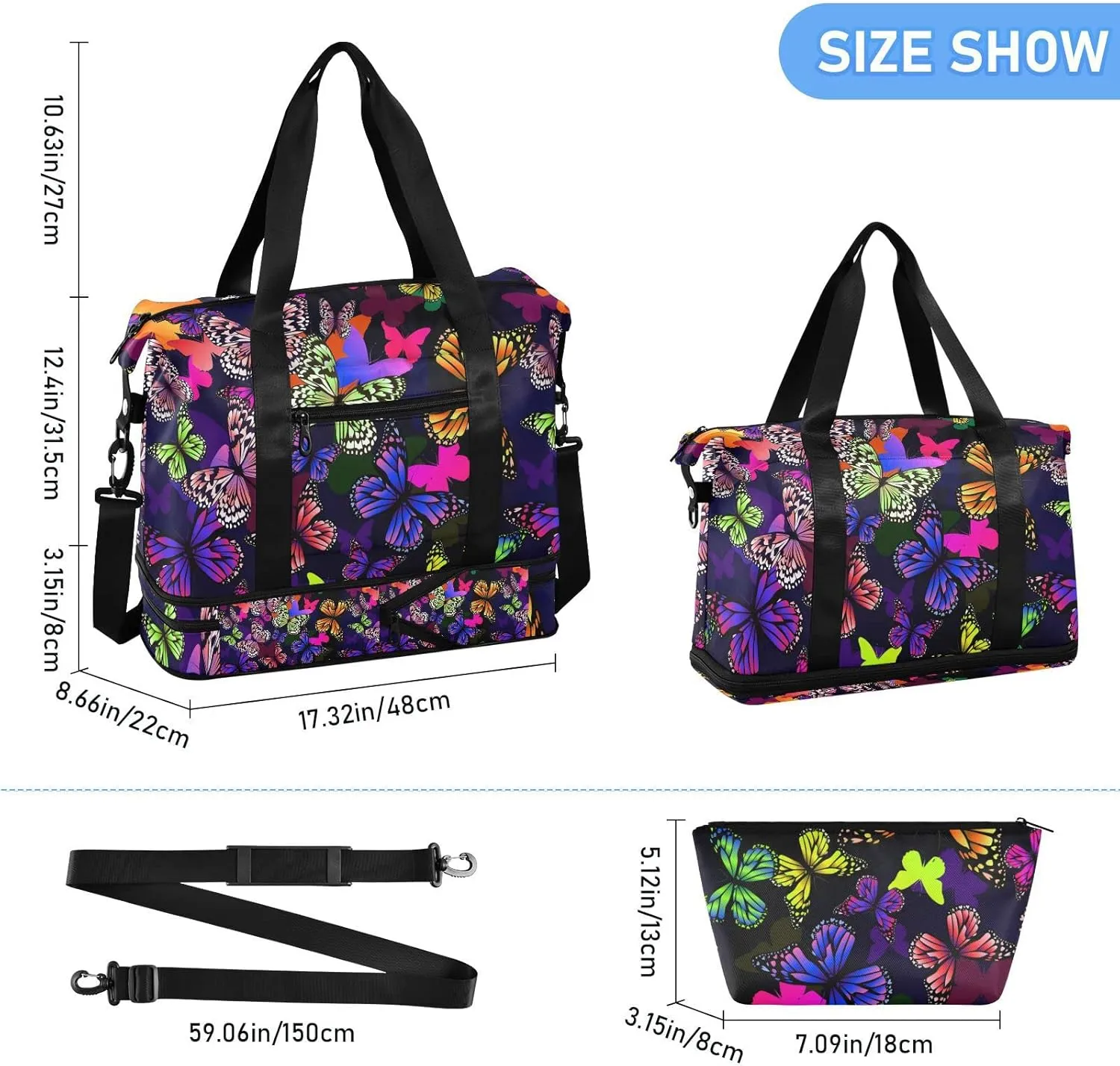 Colorful Butterflies Seamless on Black Dark Gym Duffel Bag, Polyester Travel Weekender Luggage Handbag with Waterproof Pocket for Wet Items, Unisex Foldable Tote for Sports