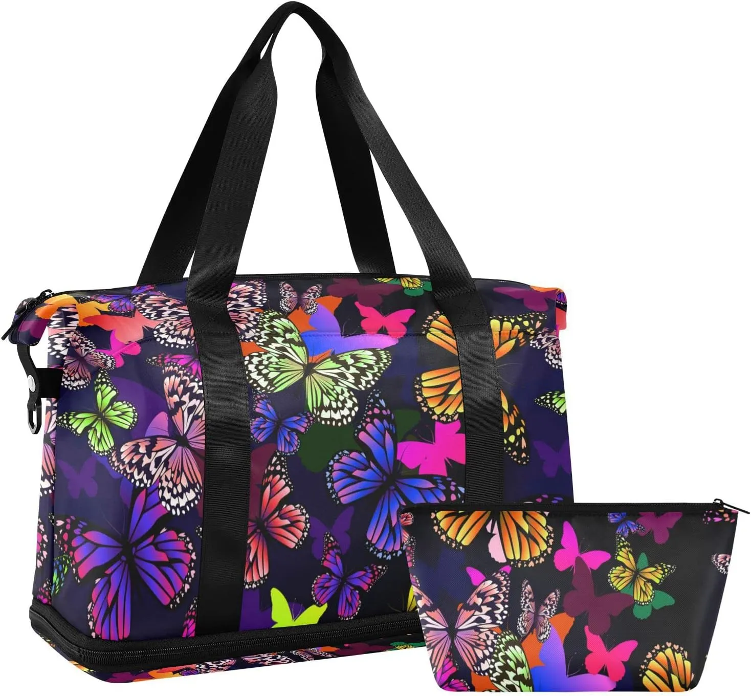 Colorful Butterflies Seamless on Black Dark Gym Duffel Bag, Polyester Travel Weekender Luggage Handbag with Waterproof Pocket for Wet Items, Unisex Foldable Tote for Sports