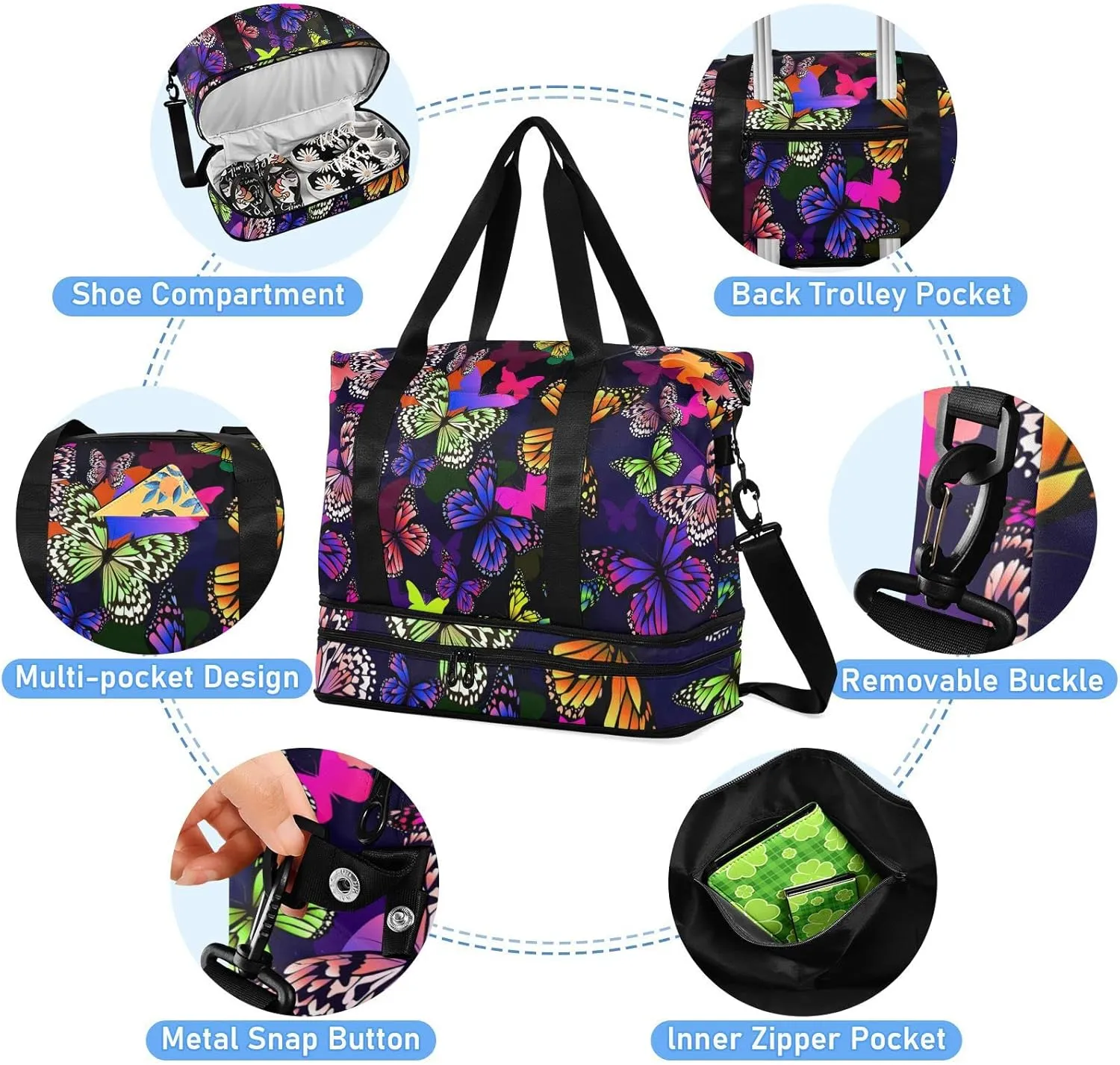 Colorful Butterflies Seamless on Black Dark Gym Duffel Bag, Polyester Travel Weekender Luggage Handbag with Waterproof Pocket for Wet Items, Unisex Foldable Tote for Sports