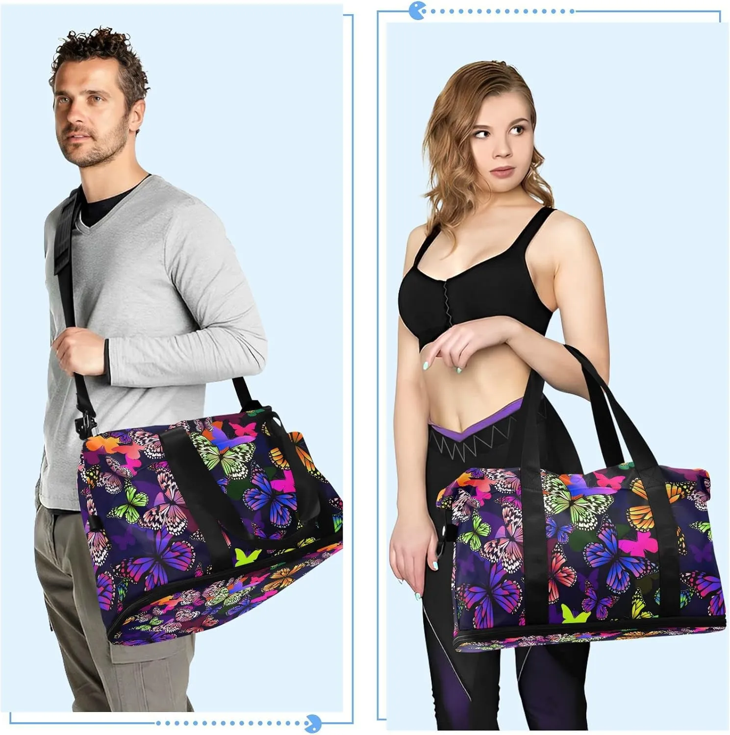 Colorful Butterflies Seamless on Black Dark Gym Duffel Bag, Polyester Travel Weekender Luggage Handbag with Waterproof Pocket for Wet Items, Unisex Foldable Tote for Sports