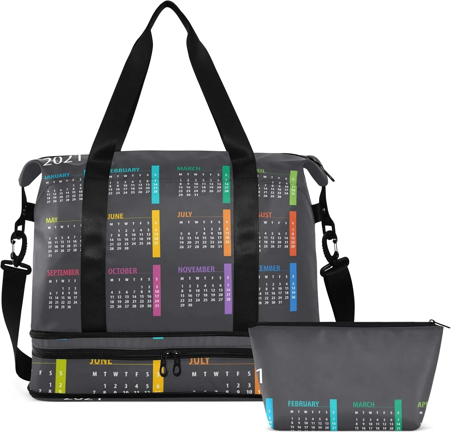 Colorful Calendar Template Mock up Week starts on Monday on Dark Gym Duffel Bag, Polyester Travel Weekender Luggage Handbag with Waterproof Pocket for Wet Items, Unisex Foldable Tote for Sports