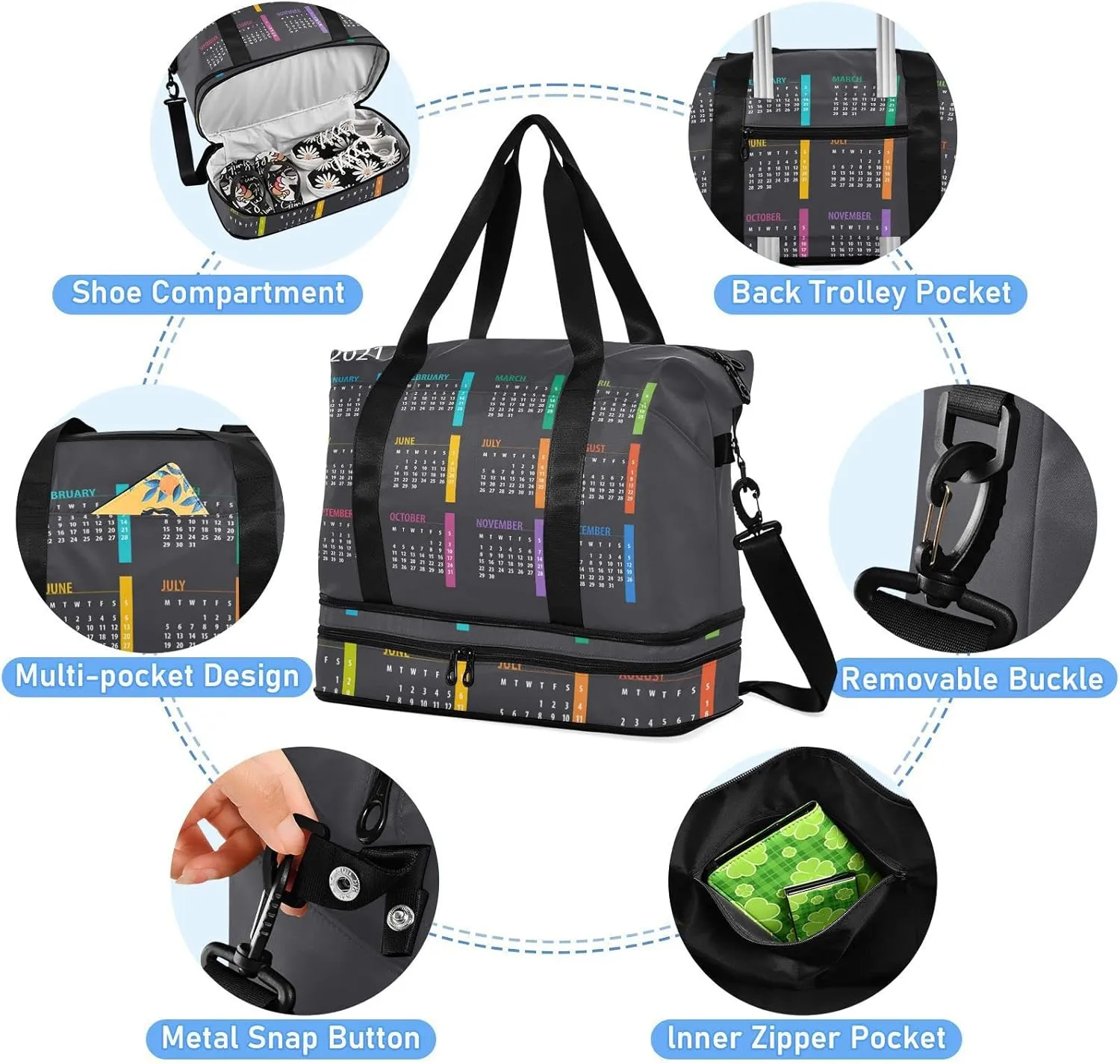 Colorful Calendar Template Mock up Week starts on Monday on Dark Gym Duffel Bag, Polyester Travel Weekender Luggage Handbag with Waterproof Pocket for Wet Items, Unisex Foldable Tote for Sports
