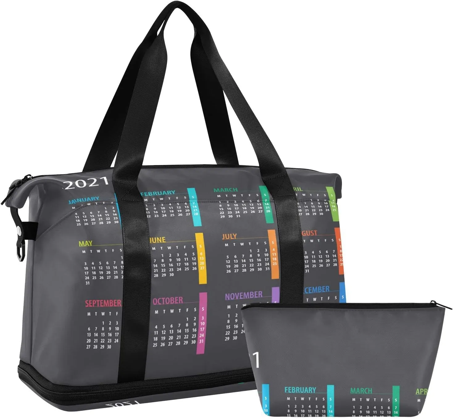 Colorful Calendar Template Mock up Week starts on Monday on Dark Gym Duffel Bag, Polyester Travel Weekender Luggage Handbag with Waterproof Pocket for Wet Items, Unisex Foldable Tote for Sports