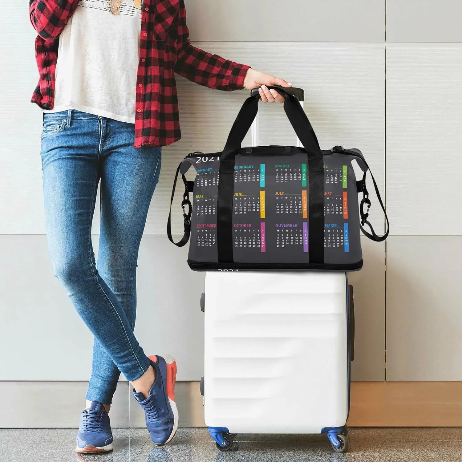 Colorful Calendar Template Mock up Week starts on Monday on Dark Gym Duffel Bag, Polyester Travel Weekender Luggage Handbag with Waterproof Pocket for Wet Items, Unisex Foldable Tote for Sports