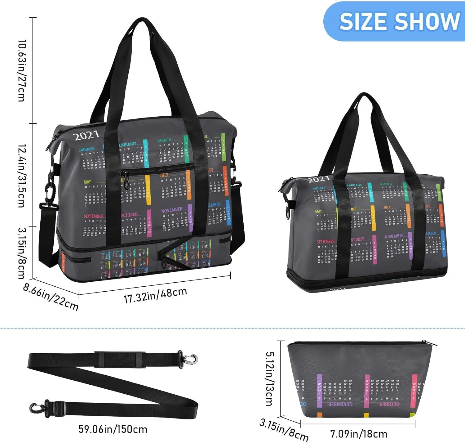Colorful Calendar Template Mock up Week starts on Monday on Dark Gym Duffel Bag, Polyester Travel Weekender Luggage Handbag with Waterproof Pocket for Wet Items, Unisex Foldable Tote for Sports