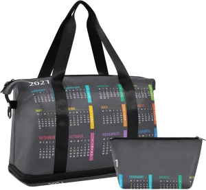 Colorful Calendar Template Mock up Week starts on Monday on Dark Gym Duffel Bag, Polyester Travel Weekender Luggage Handbag with Waterproof Pocket for Wet Items, Unisex Foldable Tote for Sports
