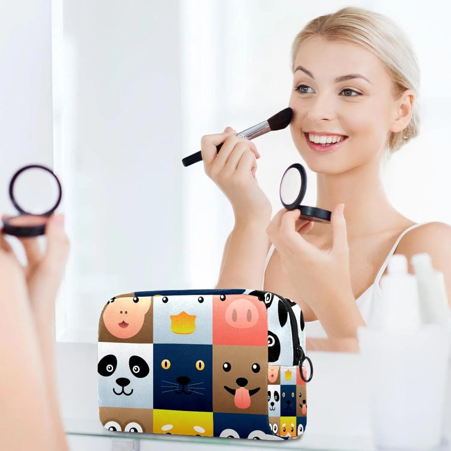 Colorful Simple Animal Faces Element Set Cosmetic Makeup Bags, Small Travel Zipper Pouch Portable Toiletry Bag Makeup Organizer for Women Teen Girls