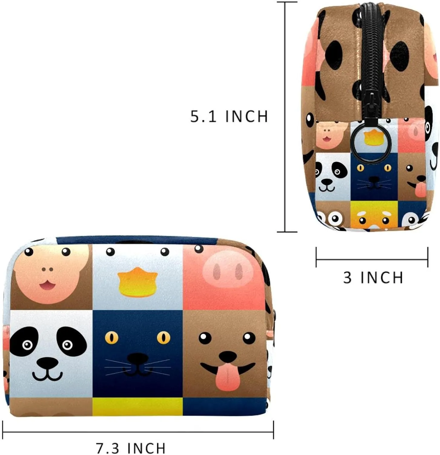 Colorful Simple Animal Faces Element Set Cosmetic Makeup Bags, Small Travel Zipper Pouch Portable Toiletry Bag Makeup Organizer for Women Teen Girls