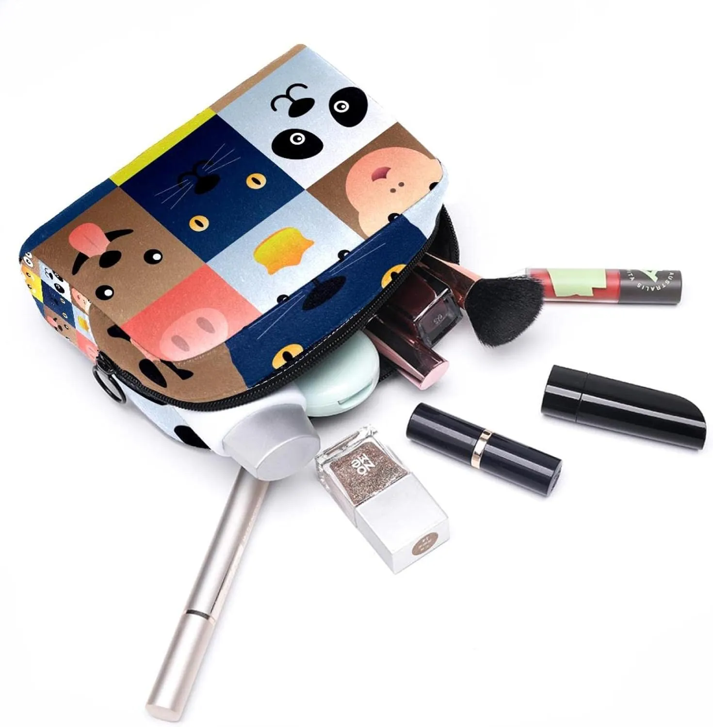 Colorful Simple Animal Faces Element Set Cosmetic Makeup Bags, Small Travel Zipper Pouch Portable Toiletry Bag Makeup Organizer for Women Teen Girls