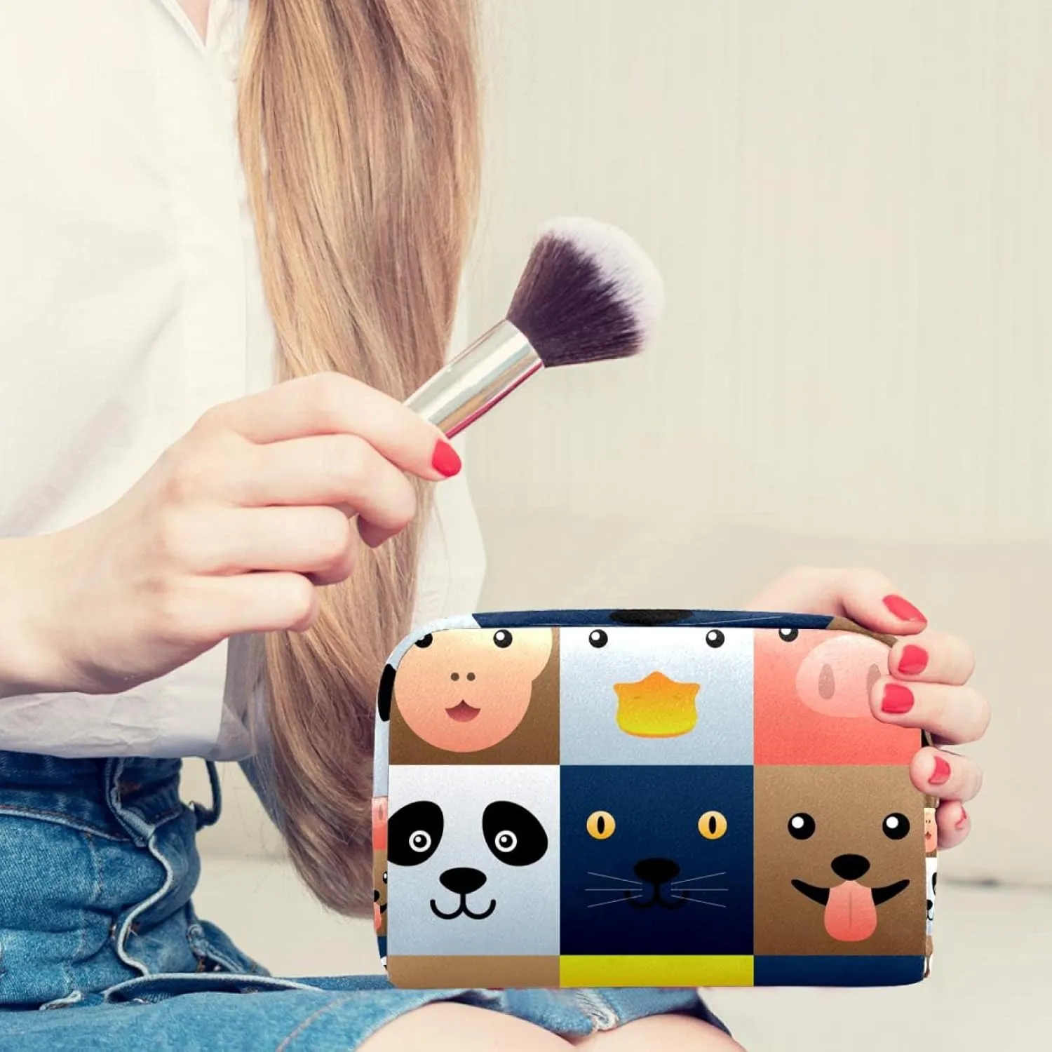 Colorful Simple Animal Faces Element Set Cosmetic Makeup Bags, Small Travel Zipper Pouch Portable Toiletry Bag Makeup Organizer for Women Teen Girls